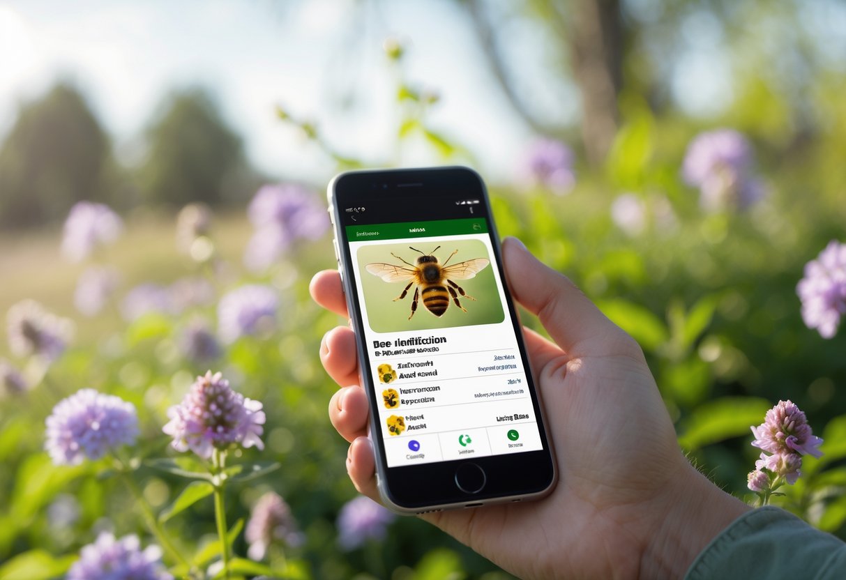 A hand holding a smartphone showing a bee identification app with a bee image, set against a background of flowers and greenery.