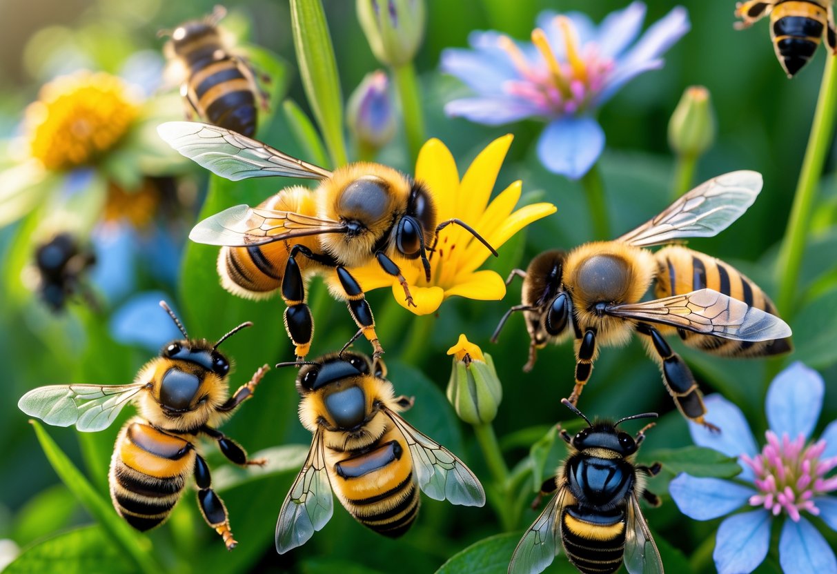 Close-up view of different bee species on flowers and leaves, showing their unique colors and body shapes.
