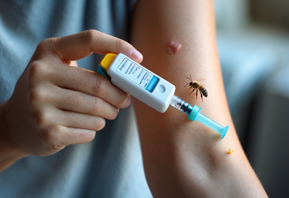 A person holding an EpiPen near a red, swollen bee sting on their arm.
