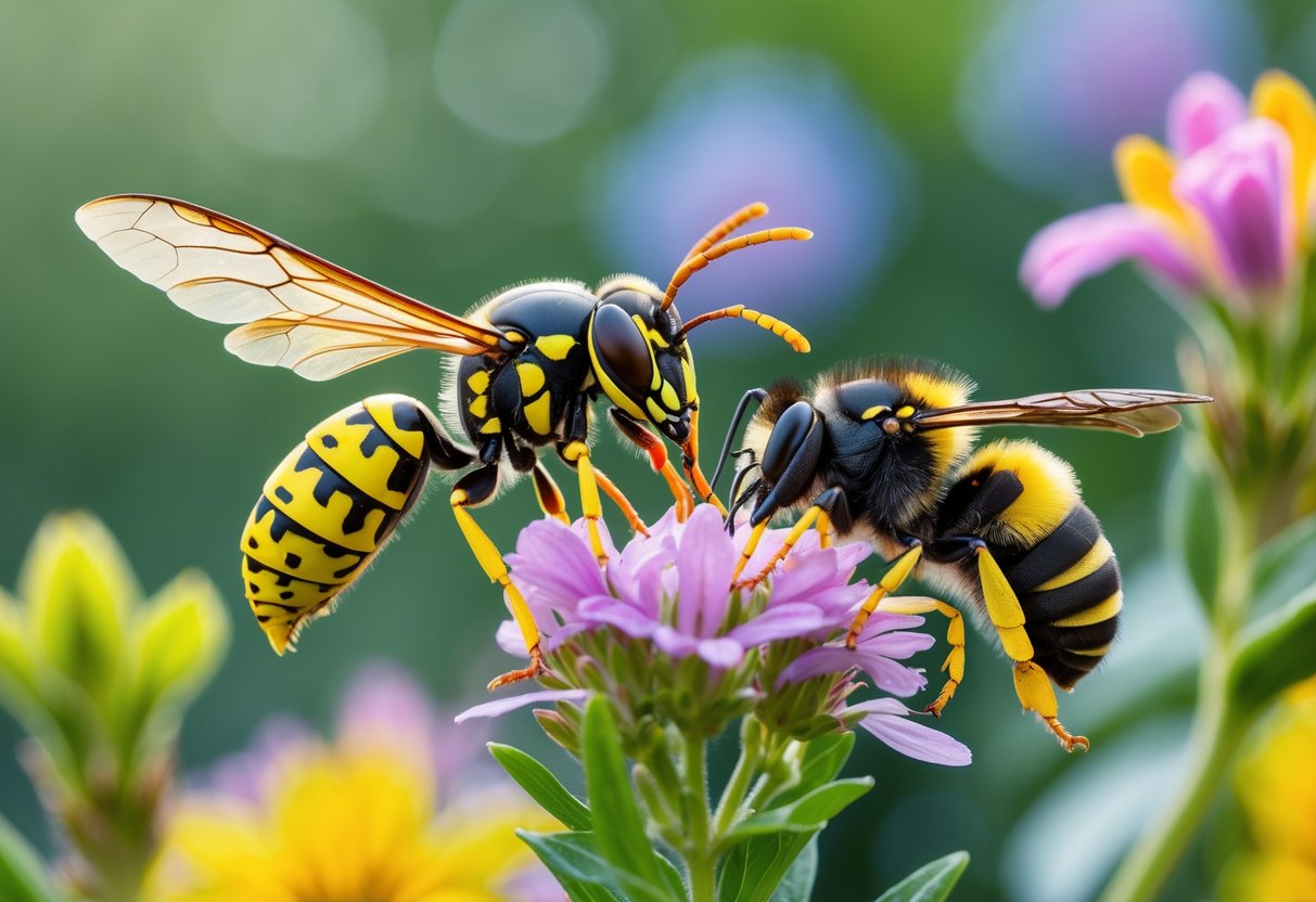 Close-up of a wasp and a bee on flowers showing their differences in body shape and texture.