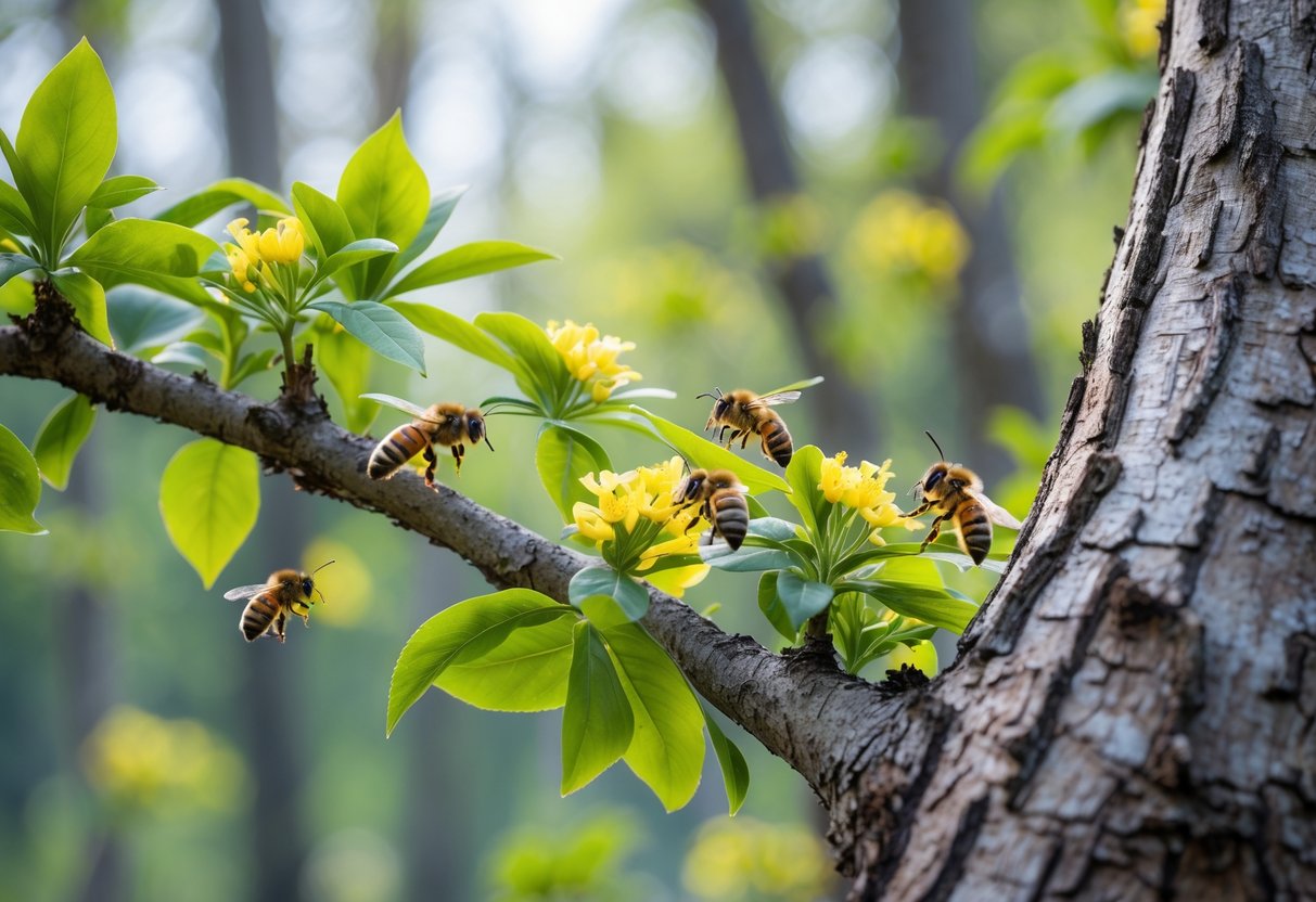 Close-up of bees on a tree branch with green leaves in a forest setting.