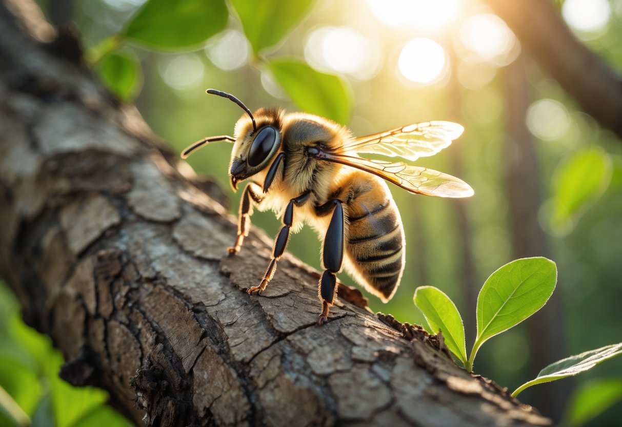 A tree bee resting on the bark of a tree branch surrounded by green leaves.