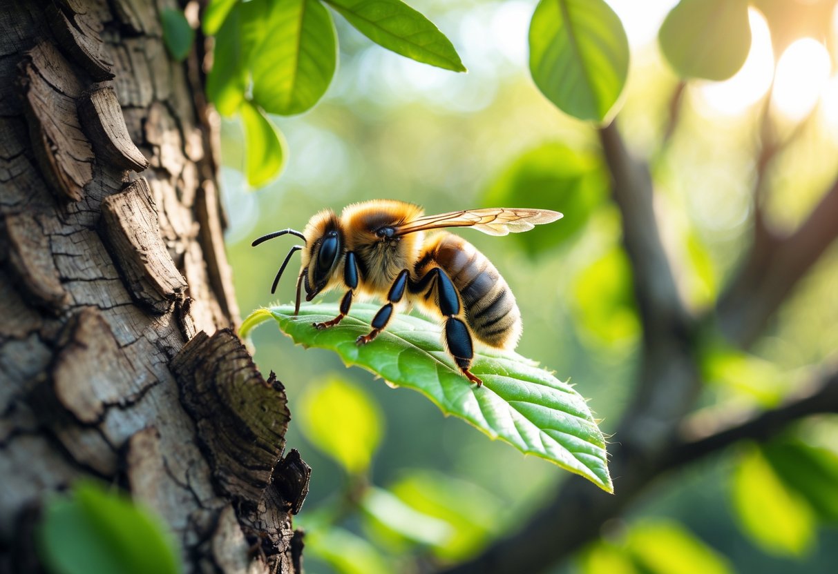 Close-up of a tree bee resting on a green leaf on a tree branch with sunlight filtering through surrounding leaves.