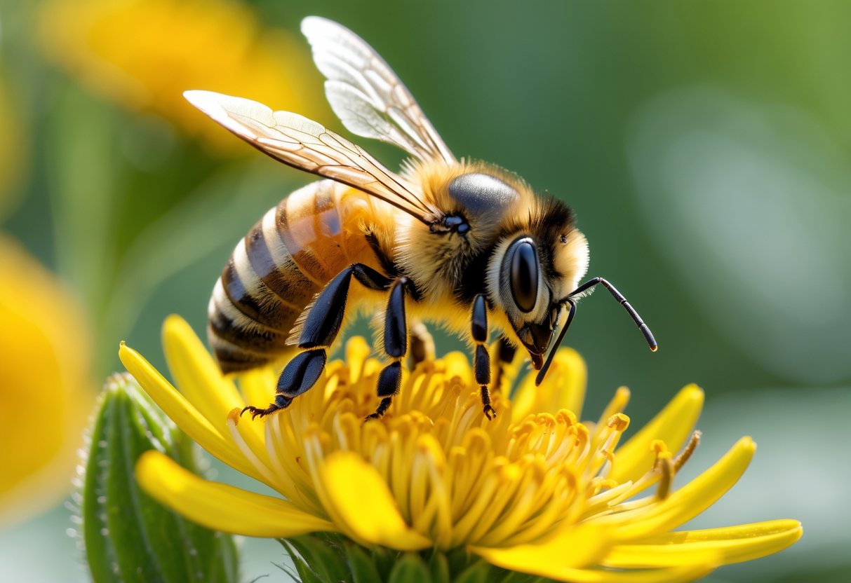 A honey bee calmly collecting nectar from a yellow flower with green foliage in the background.