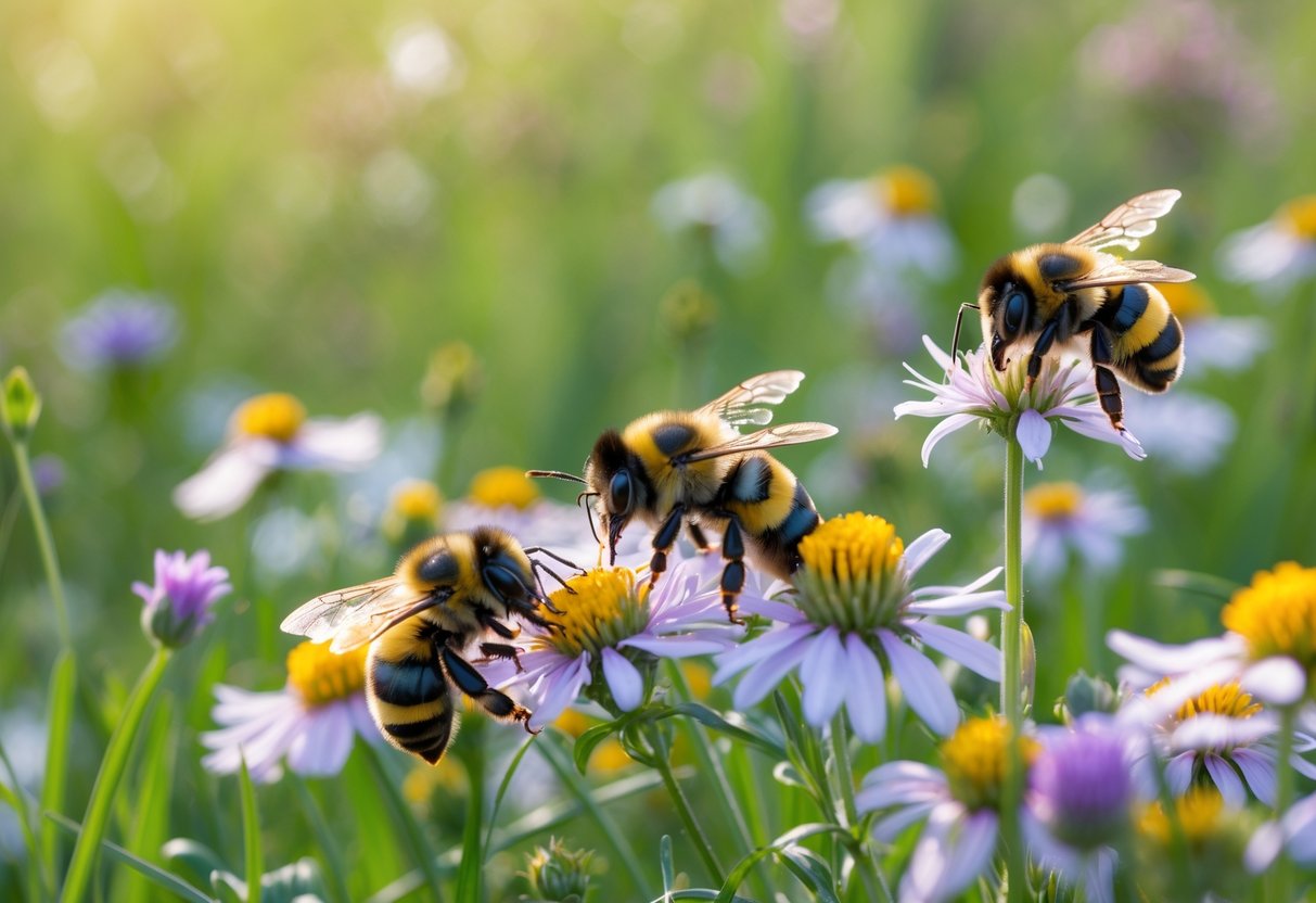 Several bumblebees resting on colorful wildflowers in a green meadow.