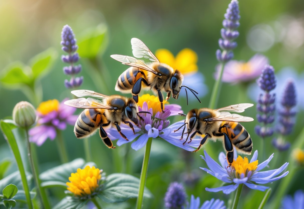 Close-up of several non-stinging bees on colorful wildflowers in a natural garden setting.