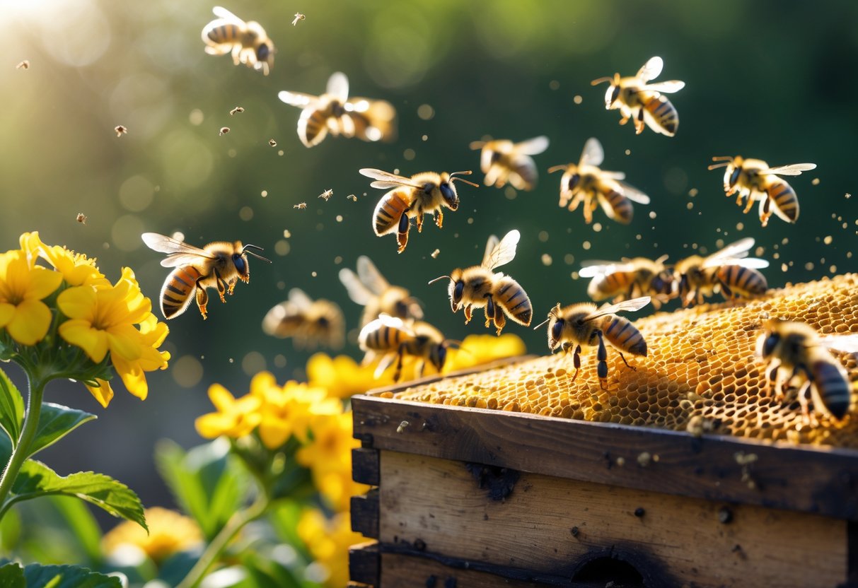 Bees flying and landing on yellow flowers near a beehive in bright afternoon sunlight.
