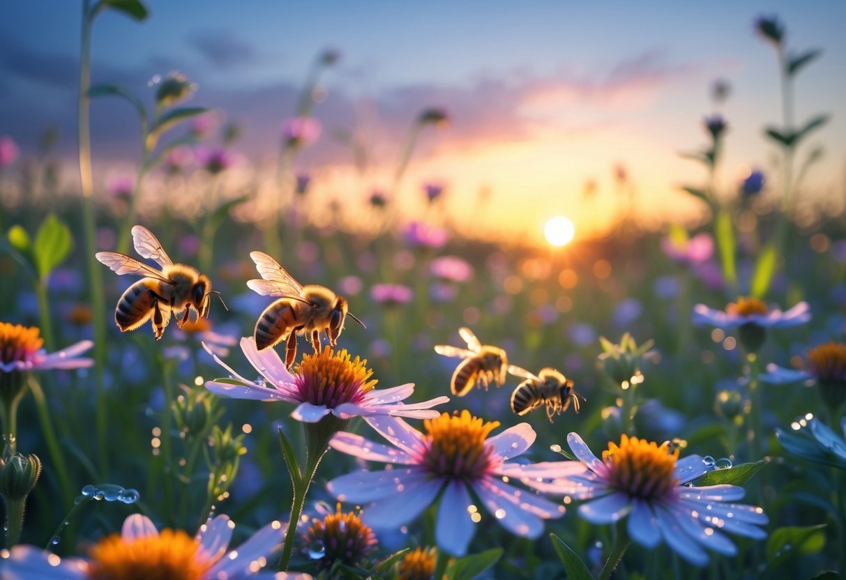 Bees resting on colorful flowers in a meadow at dusk with a warm glowing sky.