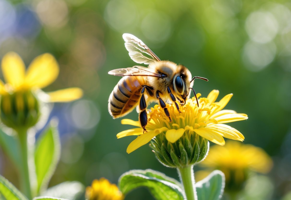 A small honey bee collecting nectar on a yellow flower in a garden.