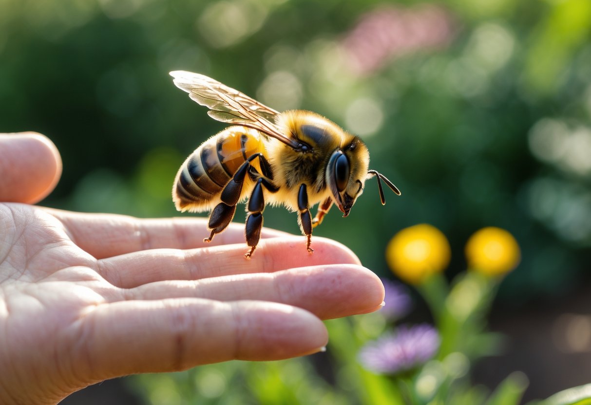 A honeybee hovering near a person's hand in a garden with green plants and flowers.