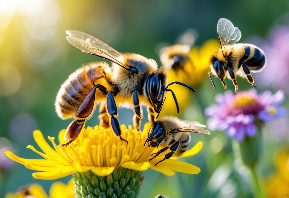 Close-up of several bees, including a honeybee and a bumblebee, on colorful flowers in a garden.