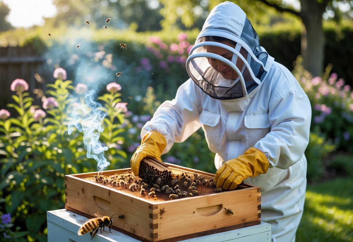 A person in protective beekeeping gear inspecting a wooden beehive frame covered with honey bees in a garden.