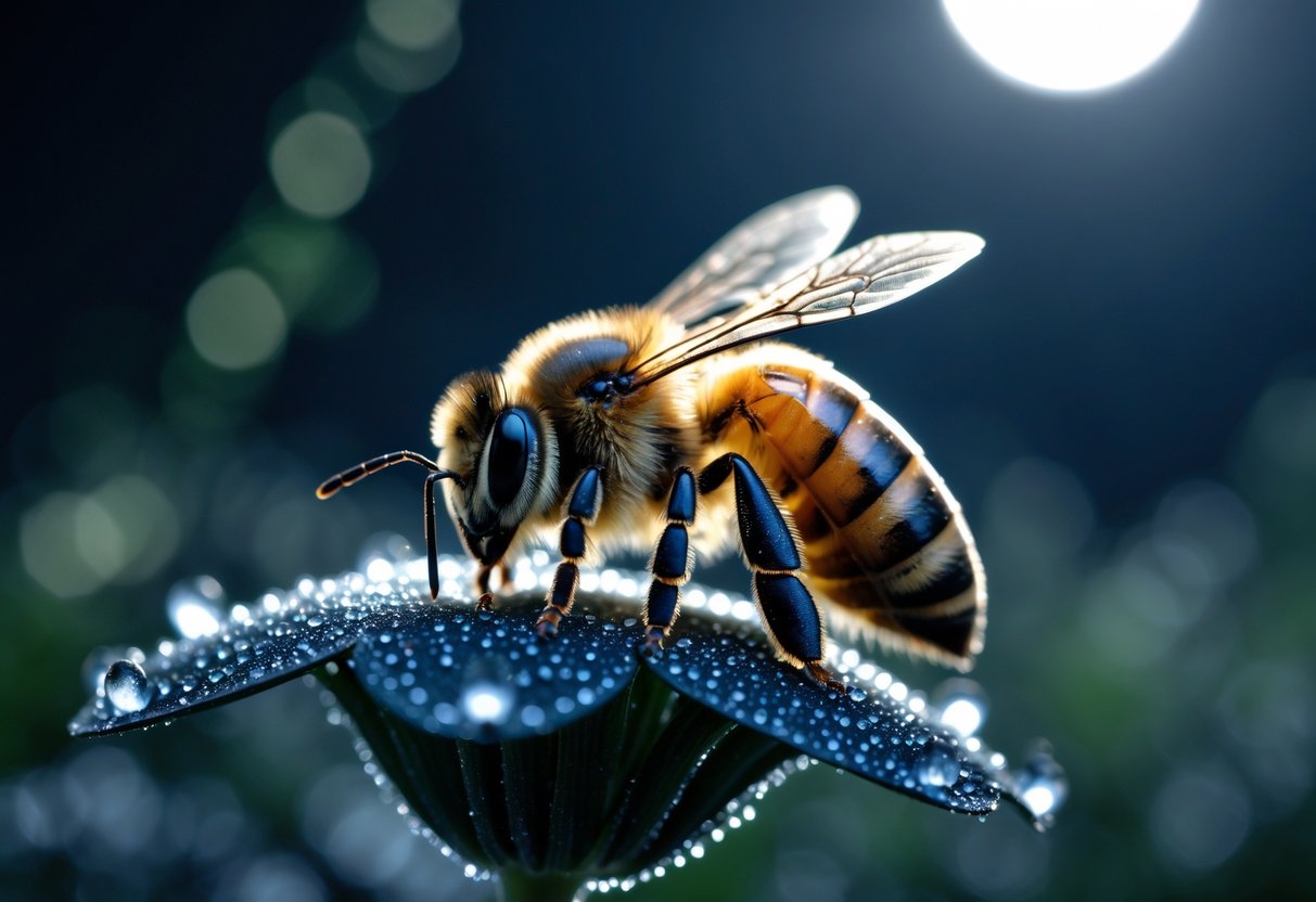 A honeybee resting on a dew-covered flower at night under soft moonlight.
