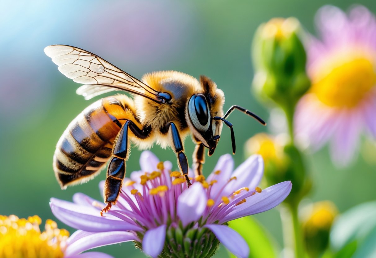 Close-up of two honey bees on a flower, showing differences in their body features to identify male and female bees.