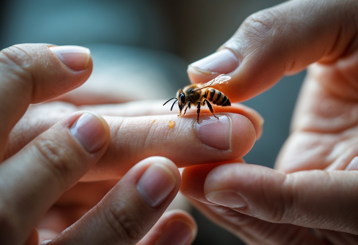 Close-up of a hand with a bee stinger embedded in the finger, with the person about to remove it.