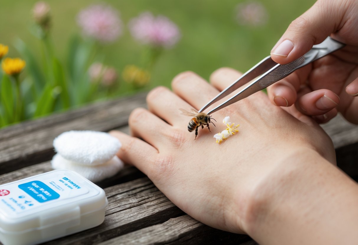 A person carefully removing a bee sting from their hand with tweezers outdoors near a first aid kit.