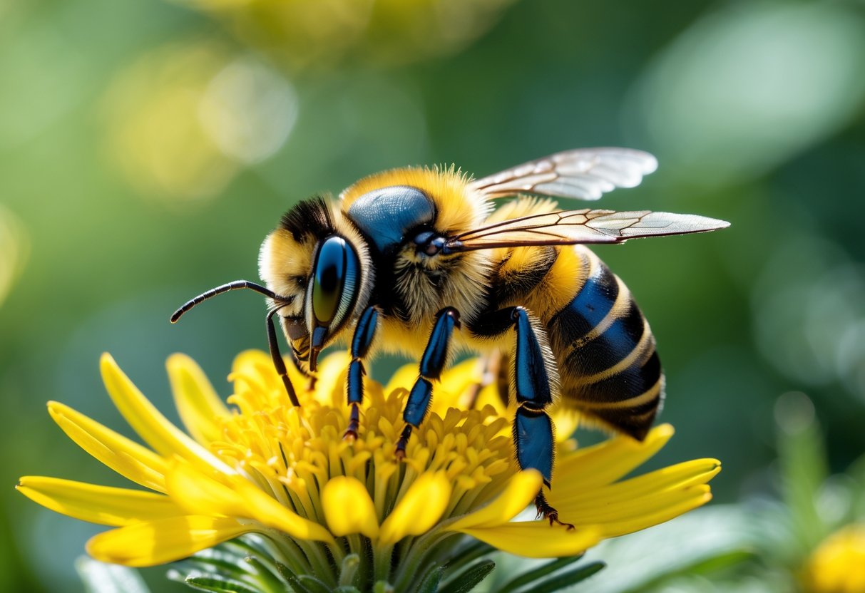 A close-up of a killer bee on a yellow flower with green foliage in the background.