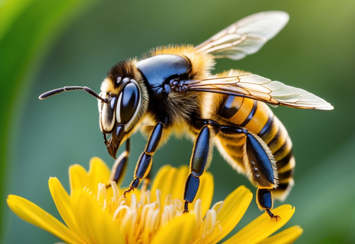 Close-up of a killer bee on a yellow flower with detailed black and yellow striped body and translucent wings.