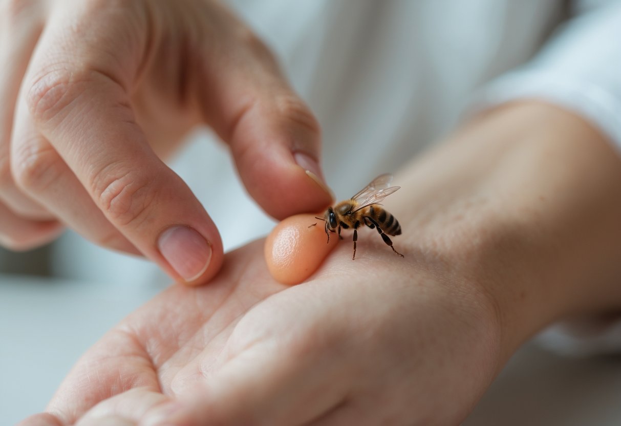 Close-up of a person examining a small blister on their forearm from a bee sting.