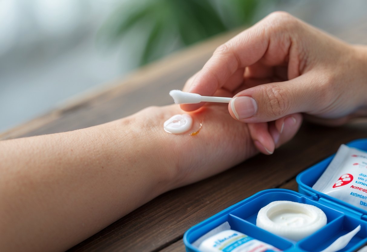 A person gently cleaning a bee sting blister on their forearm using a cotton swab, with a first aid kit nearby on a table.