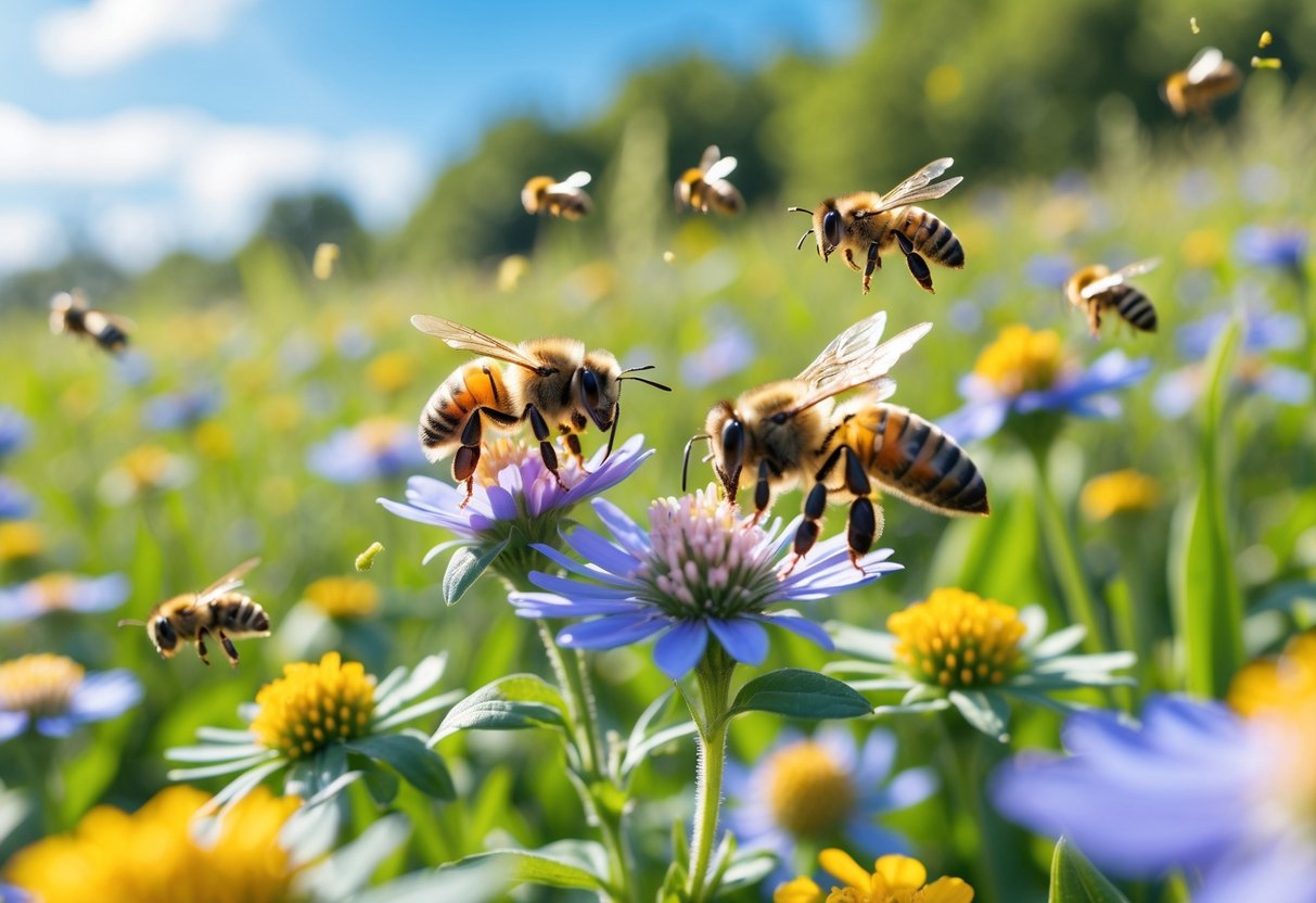 Close-up of honeybees collecting nectar from blooming flowers in a sunny meadow during late spring or early summer.