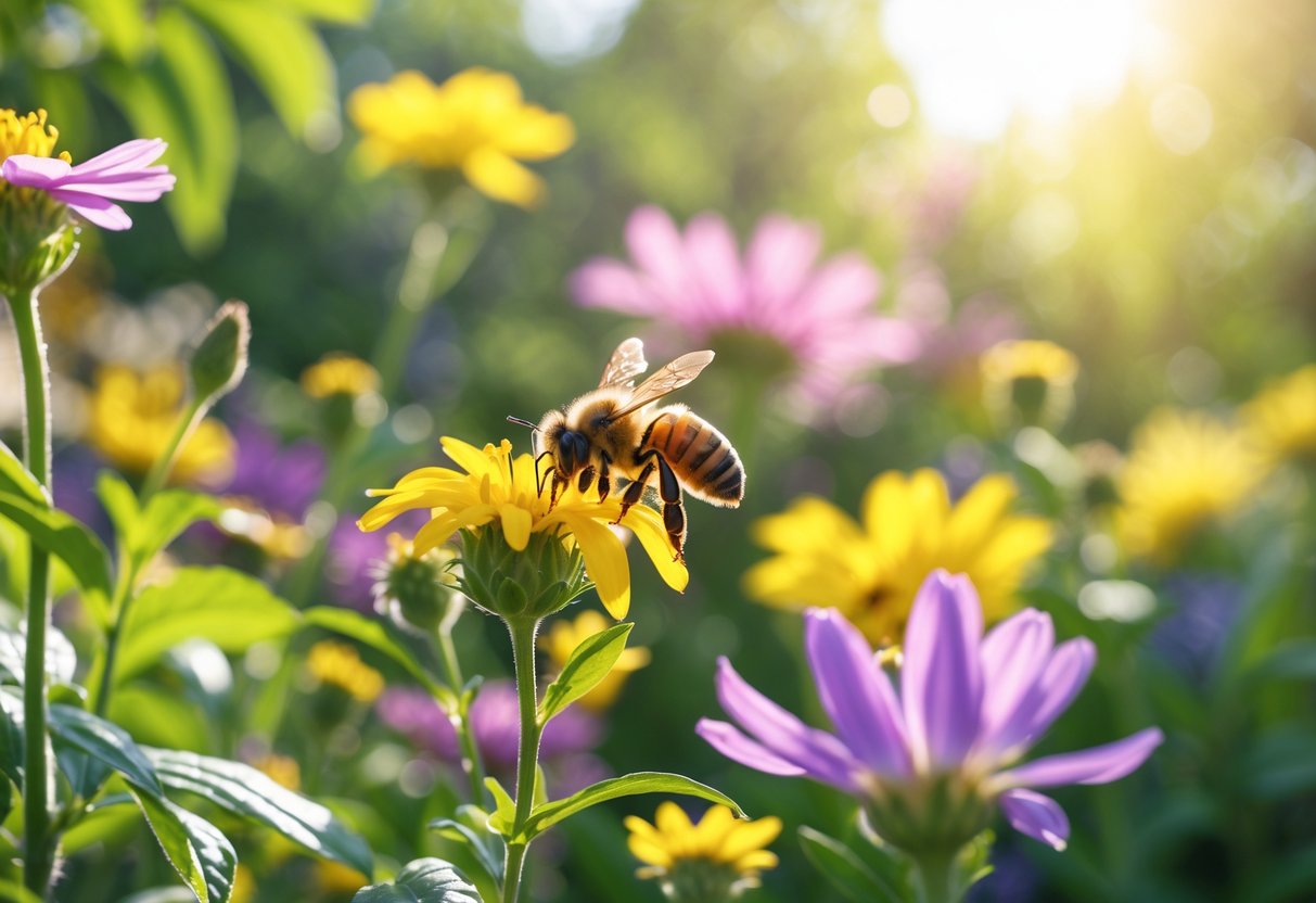A honeybee collecting nectar from a colorful flower in a sunny garden with blooming flowers and green leaves.