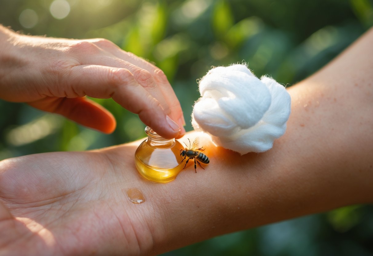 A person applying vinegar to a bee sting on their forearm using a cotton ball outdoors.