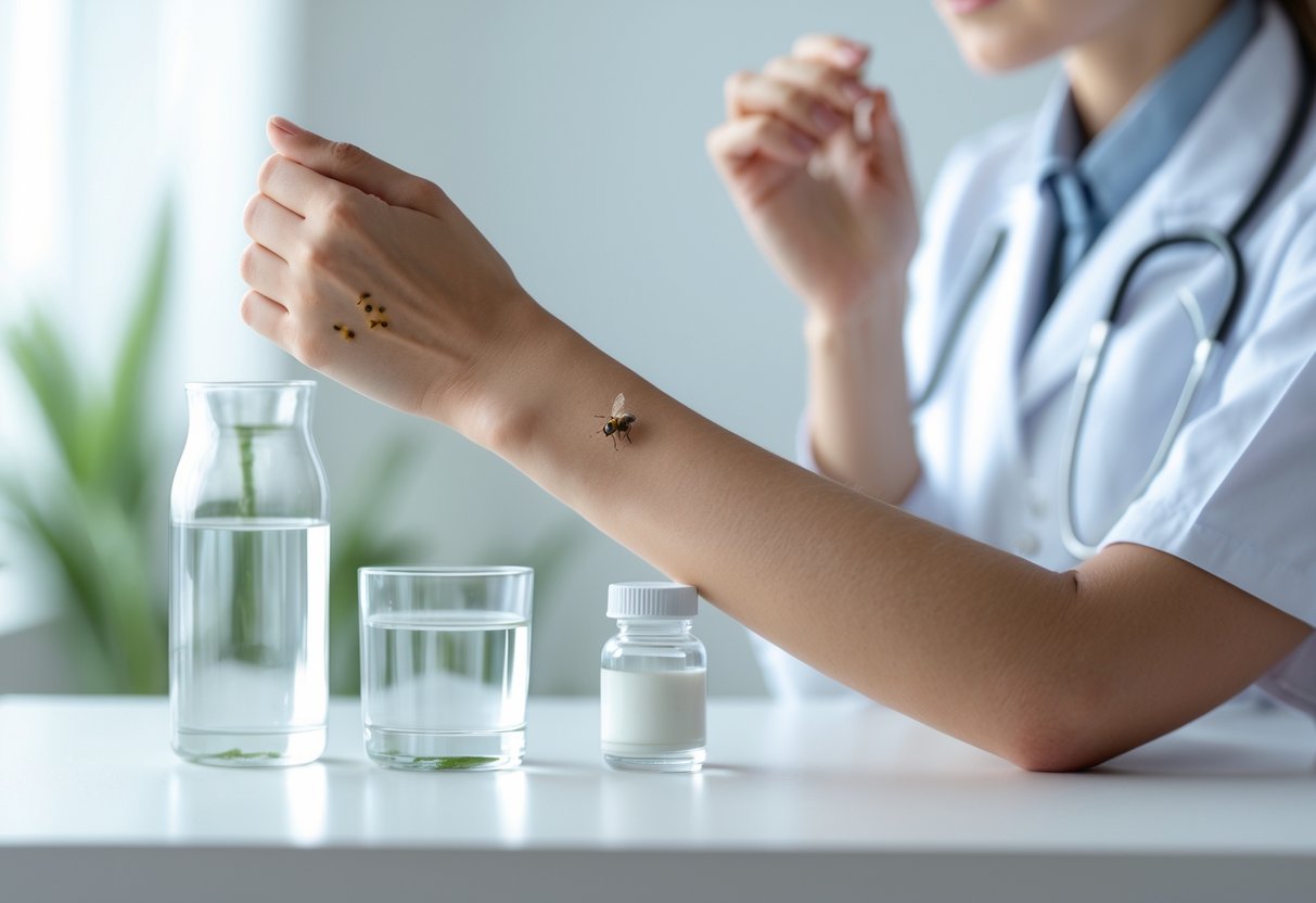 Close-up of a human arm with a small bee sting mark being examined by a medical professional in a clinical setting.