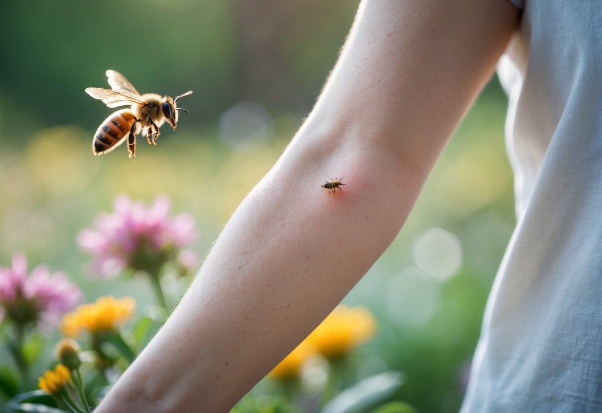 Close-up of a human arm with a small red bee sting mark and a honeybee flying near flowers in the background.