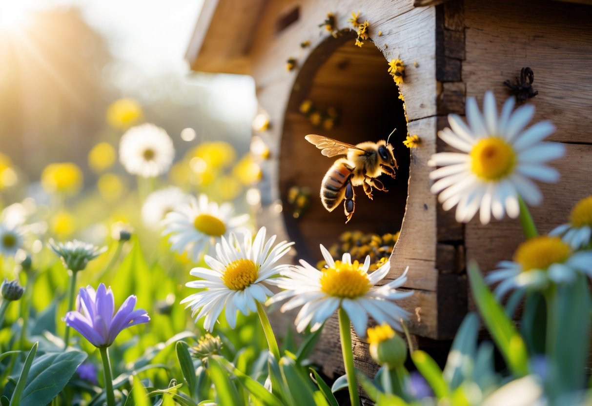 A bee coming out of a hive entrance surrounded by blooming spring flowers and green leaves.
