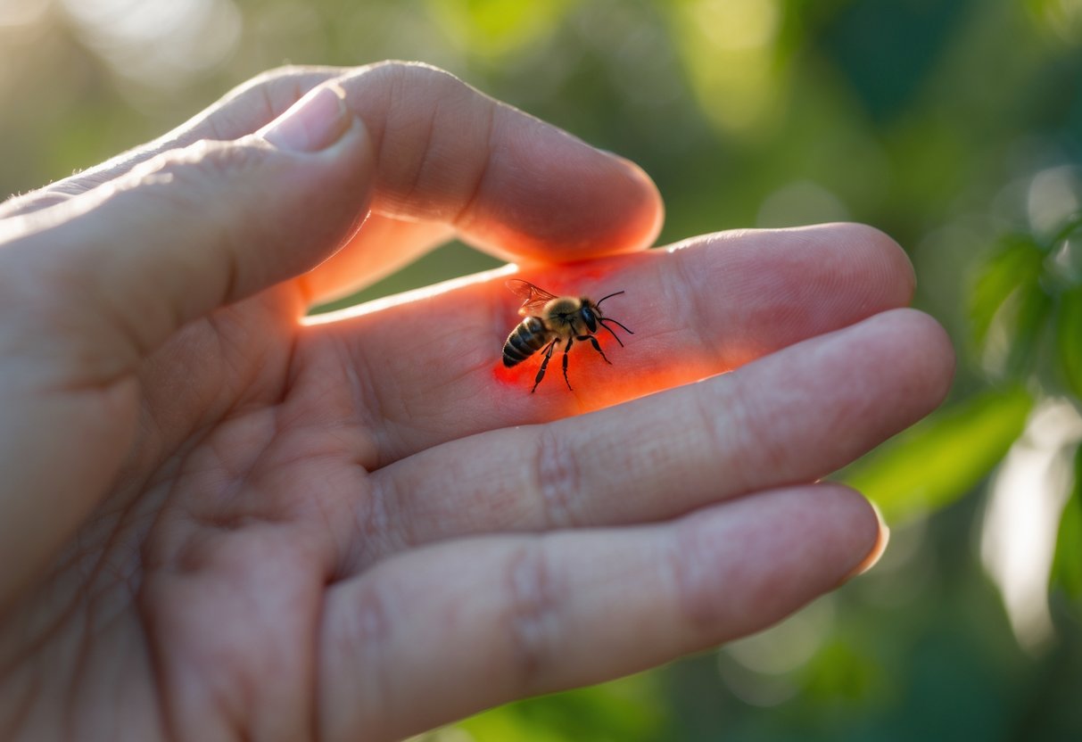 Close-up of a hand with a red, swollen area from a bee sting being gently touched outdoors.