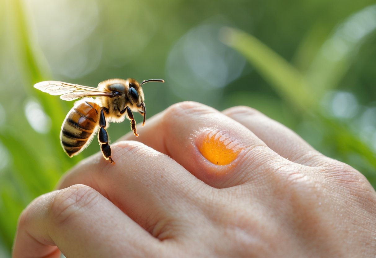 Close-up of a hand with a bee sting and a honeybee flying nearby against a blurred green background.