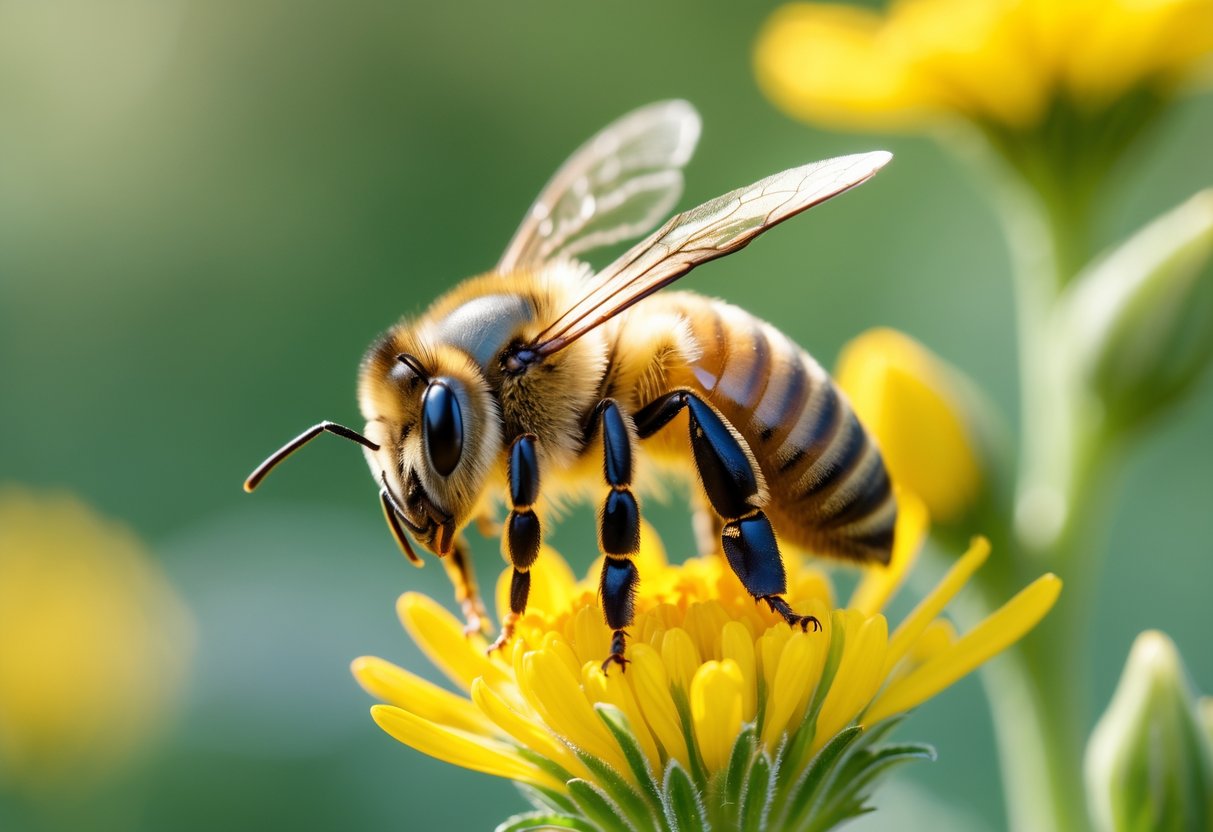 A honeybee resting on a yellow flower with its stinger visible.