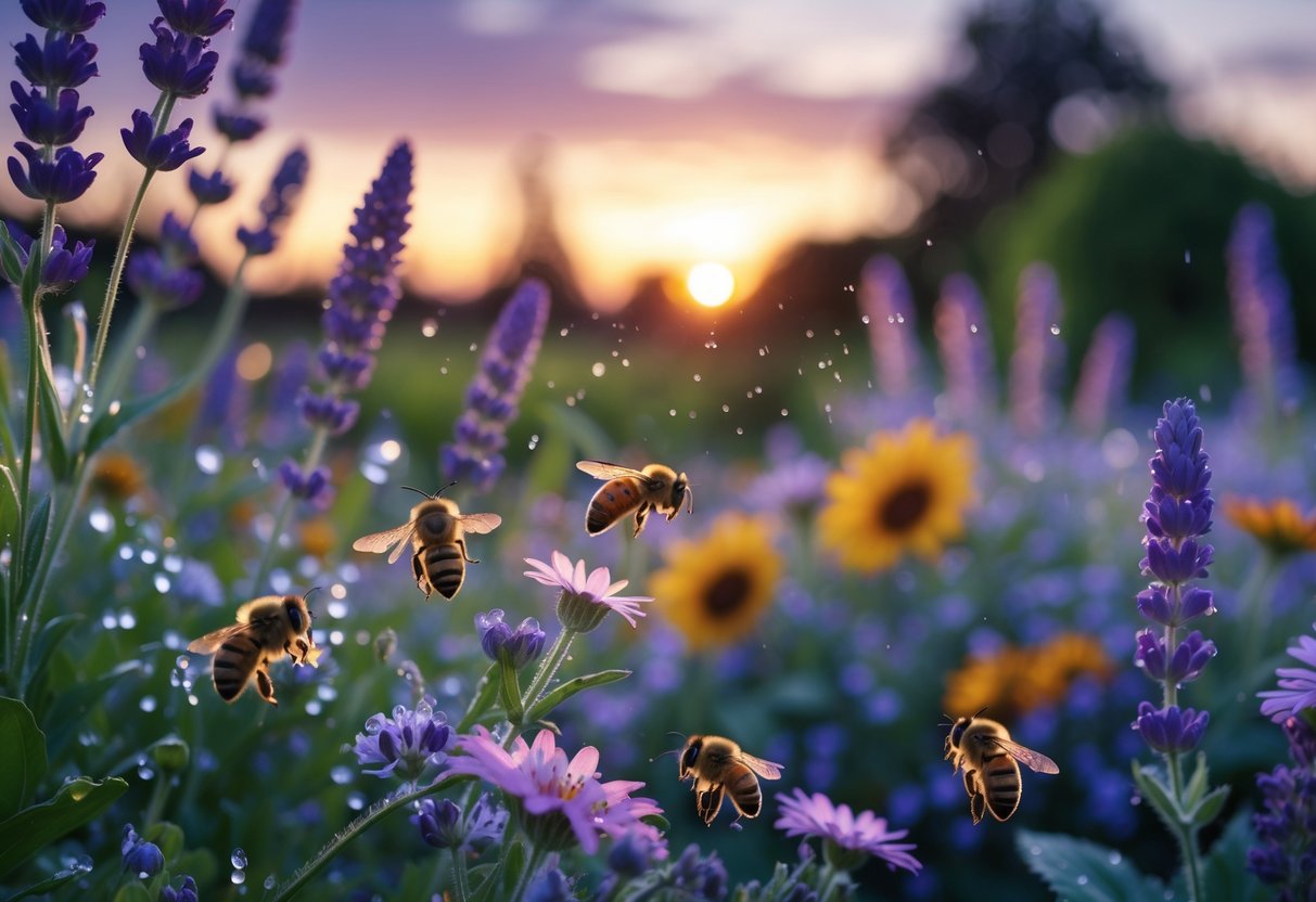 Bees resting on flowers in a garden at sunset with a colorful sky and soft lighting.