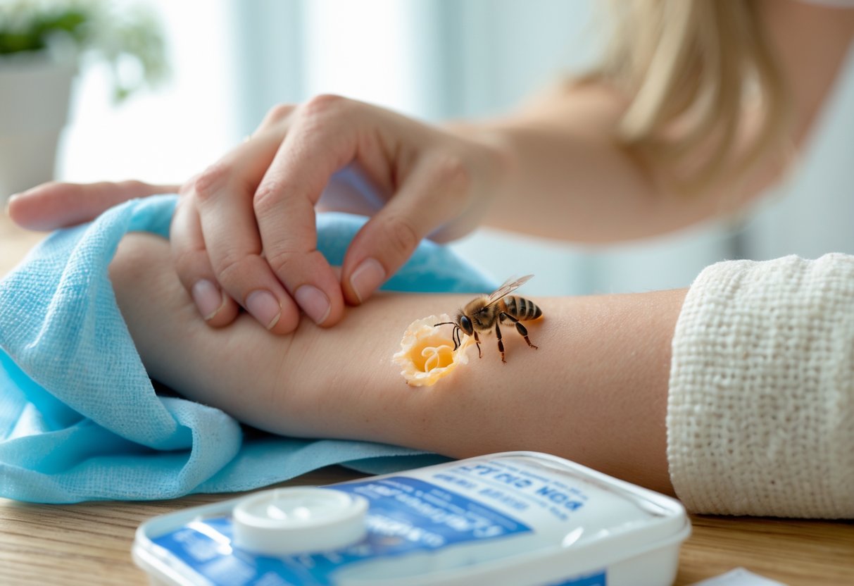 A person applying a cold compress to a bee sting on their forearm with a first aid kit nearby.