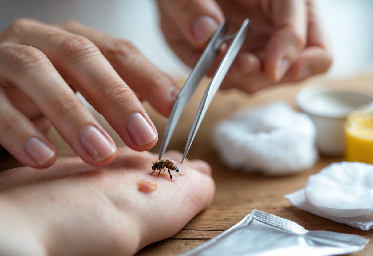 A close-up of a person removing a bee sting from their skin with tweezers, with a first aid kit nearby.