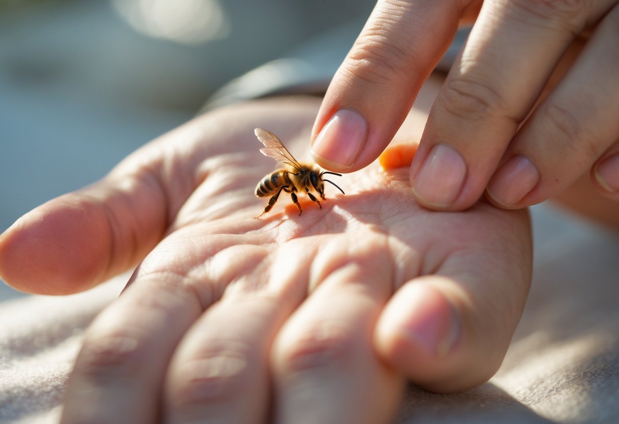Close-up of a person removing a bee stinger from their hand with a fingernail.