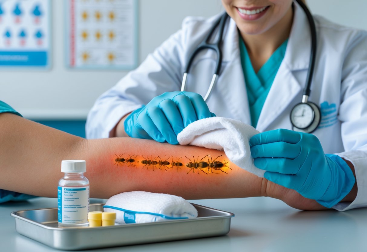 A healthcare professional treating a patient’s swollen arm with a cold compress in a medical clinic.