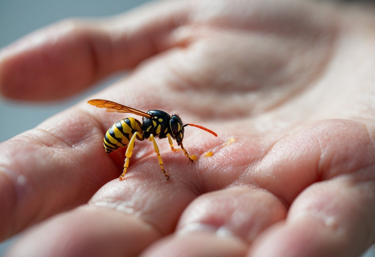 Close-up of a human hand with a wasp stinger embedded in the skin surrounded by redness and swelling.