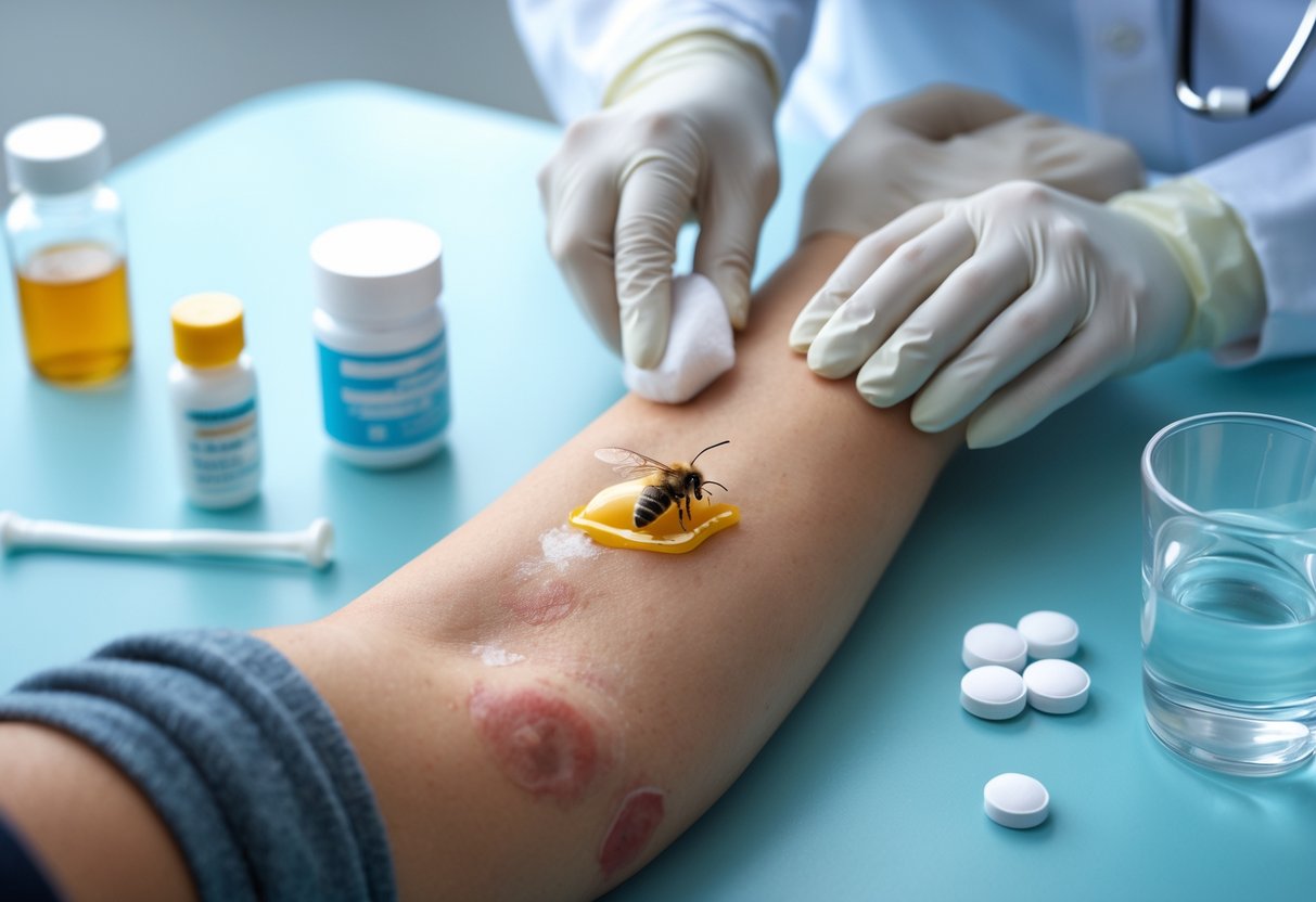 A healthcare professional treating a person’s swollen and red bee sting on their arm with a cool compress in a clinical setting.
