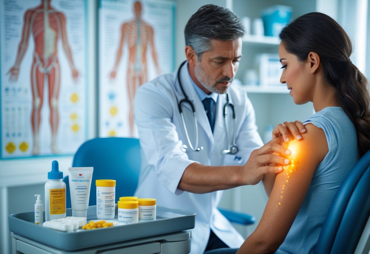 A healthcare professional examining a patient's arm with mild rash and swelling in a medical clinic, with allergy treatment supplies on a nearby table.