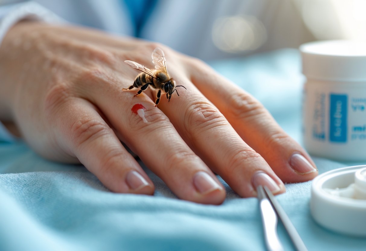 Close-up of a hand with a bee sting and a first aid kit nearby.
