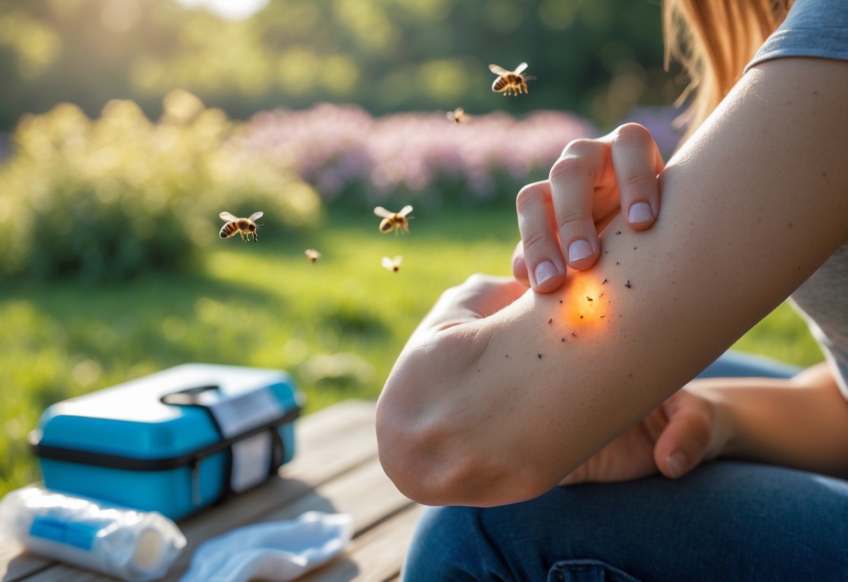 Close-up of a person's arm with a bee sting being treated outdoors with a cold compress, a first aid kit nearby, and bees flying around flowers in the background.