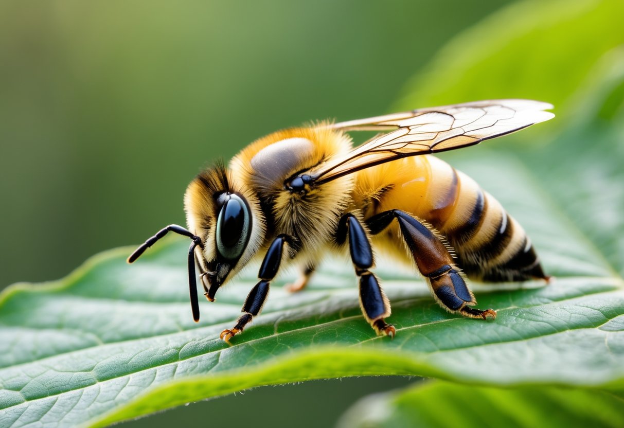 A close-up of a honeybee resting on a green leaf with its stinger visible.