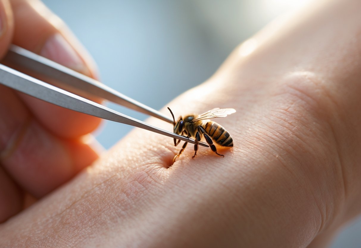 A person removing a bee stinger from their skin with tweezers.