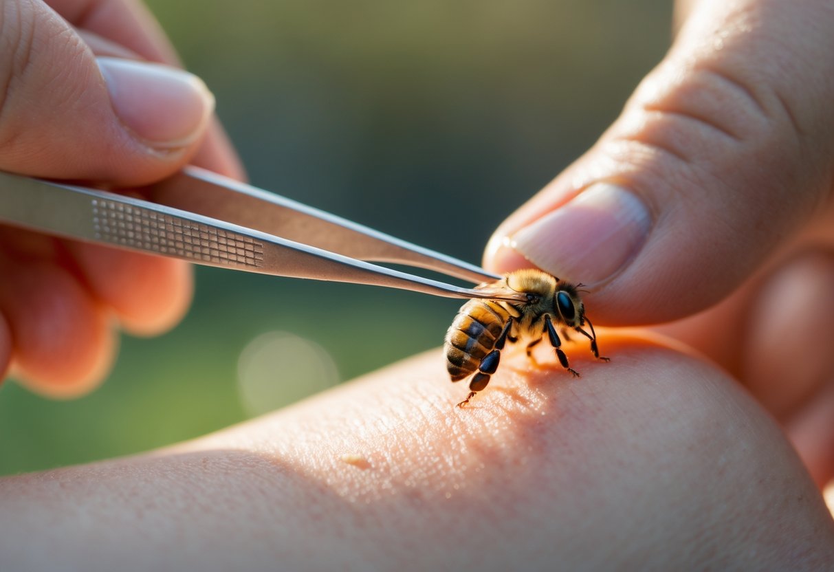 Close-up of a hand using tweezers to remove a bee stinger from the skin with slight redness around the sting.