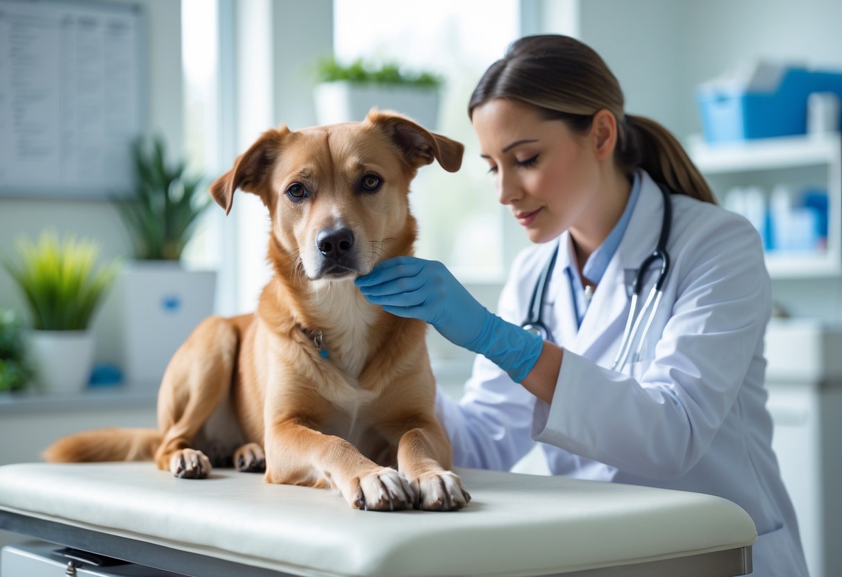 A veterinarian gently examining a calm dog with swelling on its snout in a vet clinic.