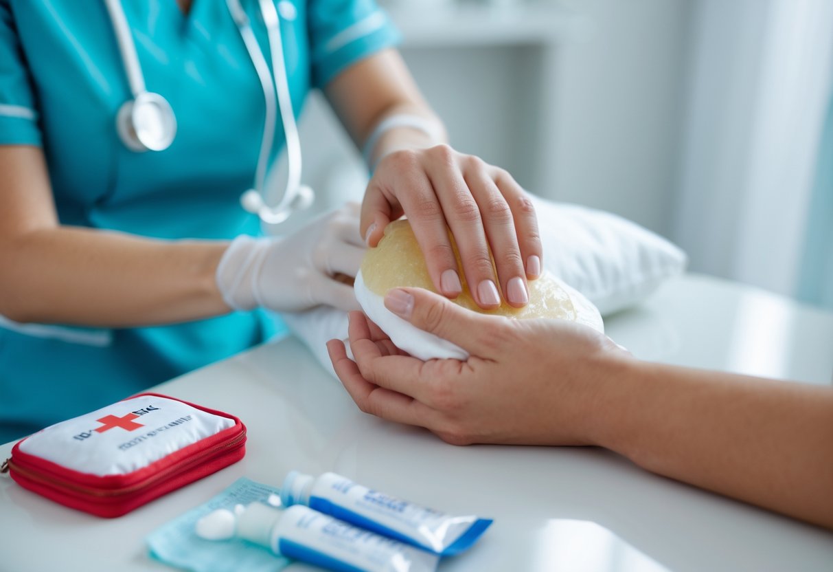 A healthcare professional applying a cold compress to a person's swollen finger to treat a bee sting.