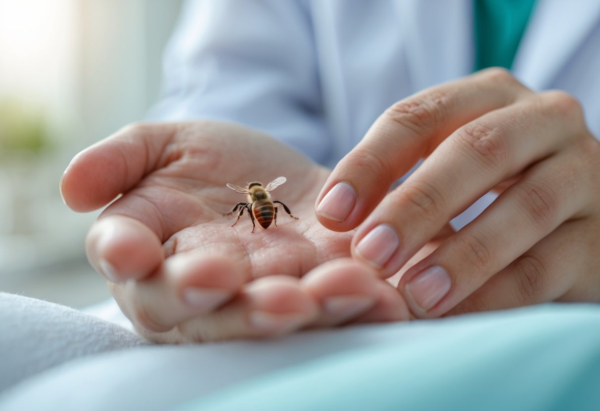 A person closely inspecting a red bee sting on the back of their hand.