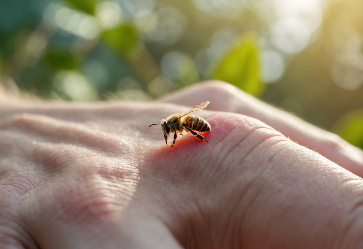Close-up of a person's hand with a fresh bee sting showing redness and swelling.